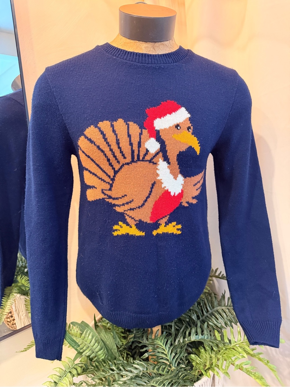 Topman Navy Crewneck Sweater with Festive Turkey Motif